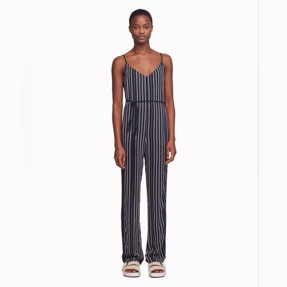 Rag & Bone Rosa Silk Straight Leg Jumpsuit Navy Blue White Stripe Size 4 - Picture 2 of 11